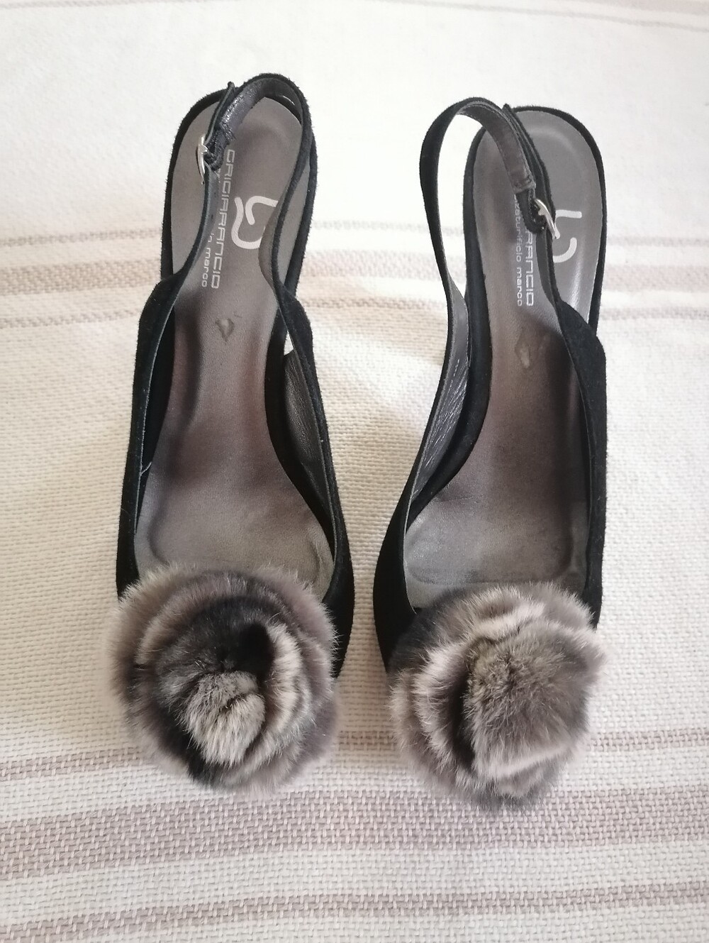 Black Slingback Pumps with Gray Fur Pom Accent